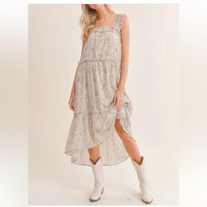 Sadie & Sage Golden Girl Maxi Tiered Smocked Tan Sundress Size S